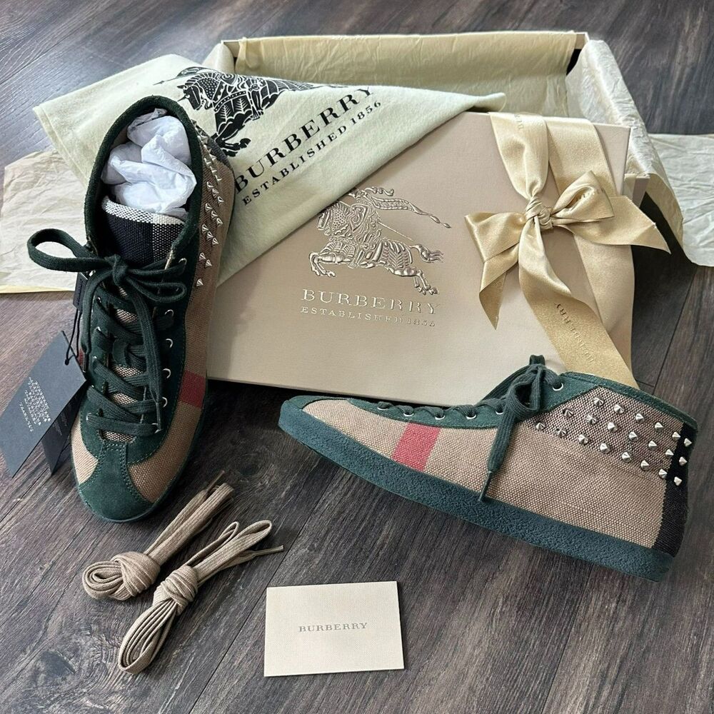 Brand New Burberry Eastbury High-Top Studded Canvas Suede Green Size 40/9.5 NWB